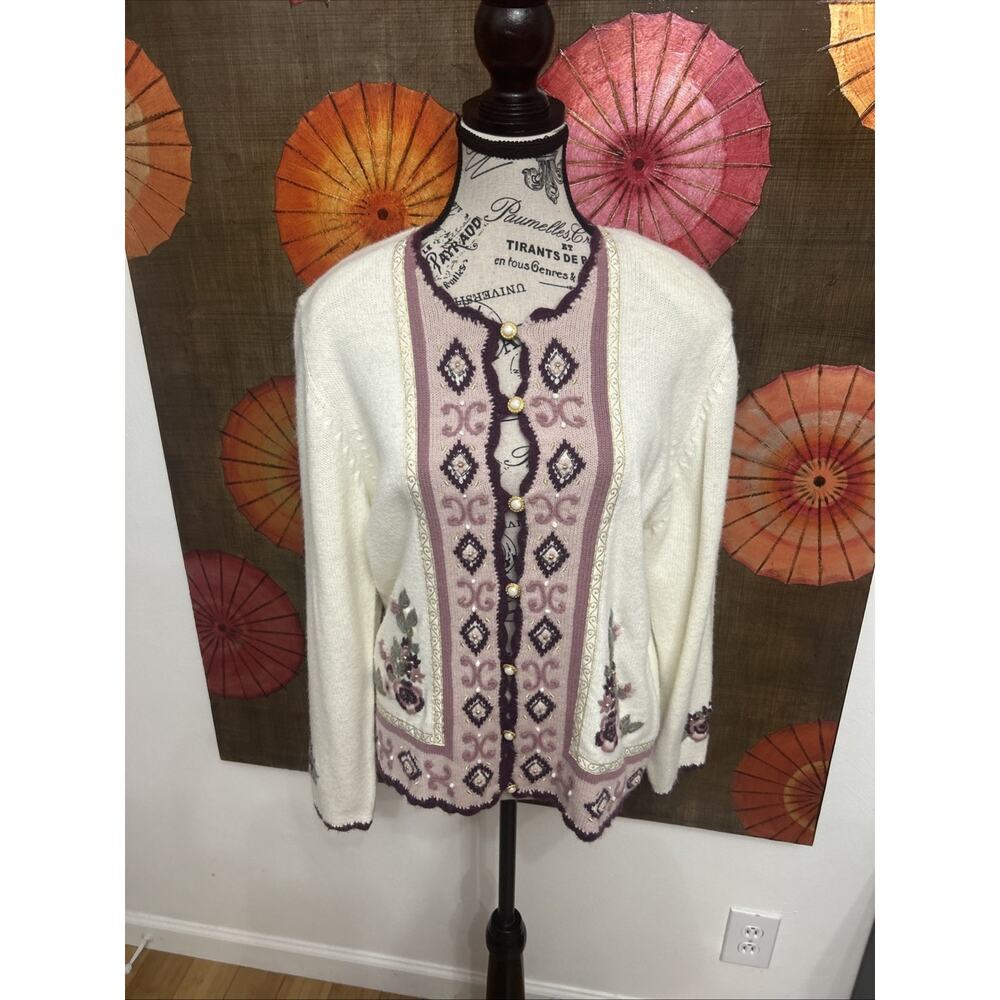 Women's Vintage Koret Ivory Cardigan with Pink and Purple Trim Size S
